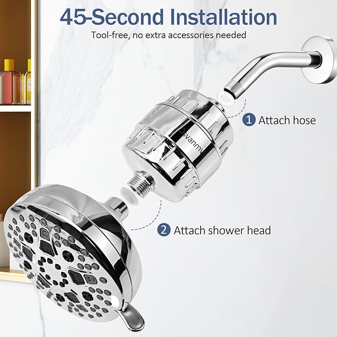 High-pressure showerhead set with 25-level filter, suitable for hard and soft water - 7 spray modes, 5-inch showerhead cover, can remove 99.99% of chlorine and heavy metals (chrome-plated)