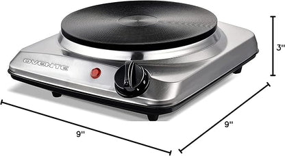OVENTE Electric Cast Iron Single Burner, 1000W Hot Plate, Silver BGS101S | 7.25" Portable Countertop Cooktop, Stainless Steel, 5 Level Temperature Control, Compact Cooking Stove, Easy to Clean