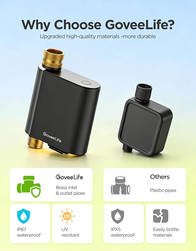 GoveeLife H5901 Bluetooth Smart Sprinkler Timer, Gateway not Included | Remote Control up to 229ft, Brass Inlet & Outlet, 2Yr Battery Life, IP67 Waterproof, for Garden/Lawn/Yard