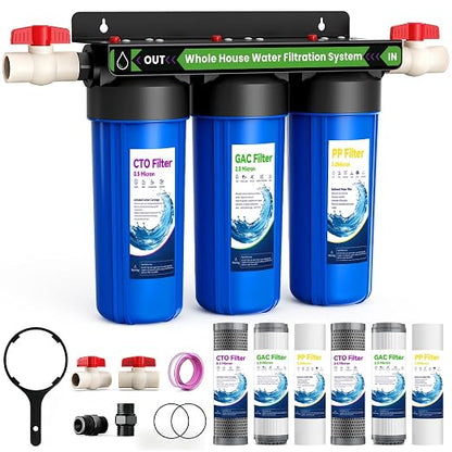 Whole House Filtration System,3-Stage Whole House Water Filter System,Reduces Chlorine Odor Bad Taste, Improves Skin Health, 3/4" Ports with 2 Valves, Extra 2 Sets of Replacement Filters