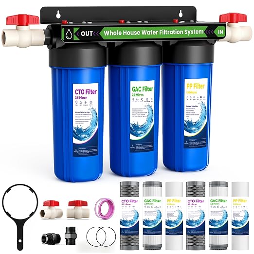 Whole House Filtration System,3-Stage Whole House Water Filter System,Reduces Chlorine Odor Bad Taste, Improves Skin Health, 3/4" Ports with 2 Valves, Extra 2 Sets of Replacement Filters