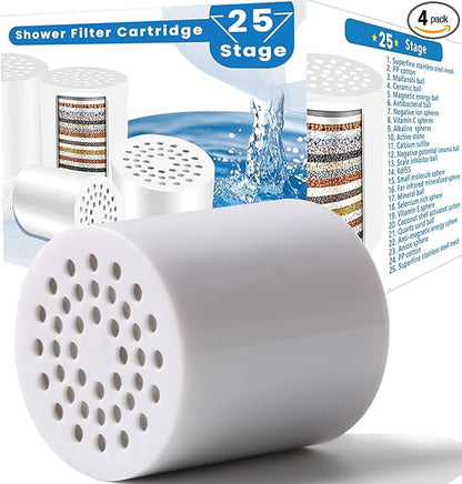 25 Stage Shower Filter Replacement Cartridge, 4 Pack Universal Cartridges for Hard Water – Removes Chlorine, Heavy Metals, Iron & Sediments, Fit Any Similar Design Shower Water Filter