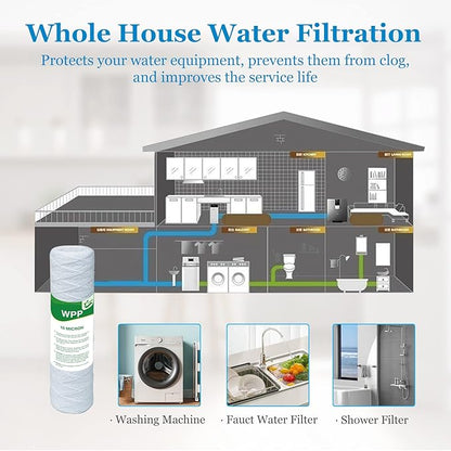 10 Micron String Wound Whole House Water Filter 10" x 2.5", 10-inch Universal Sediment Pre-Filters for Well Water, Replacement Cartridge for FXWSC, CW-F, CW-MF, 1SS, W5W, AO-WH-PRE-R2, 6-Pack