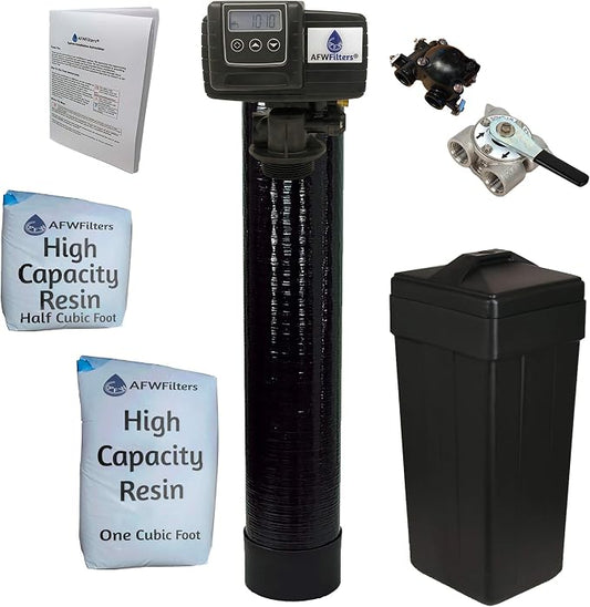 AFWFilters 1.5 Cubic Foot (48k) Whole Home Water Softener with High Capacity Resin, 3/4" Stainless Steel FNPT Connection, and Black Tanks
