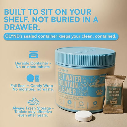 Pet Water Fountain Cleaner and Descaler Tablets 24-Pack Residue-free Fountain Cleaning Tablets for Cat and Dog Pump Maintenance, Surface-safe for Plastics and Metals