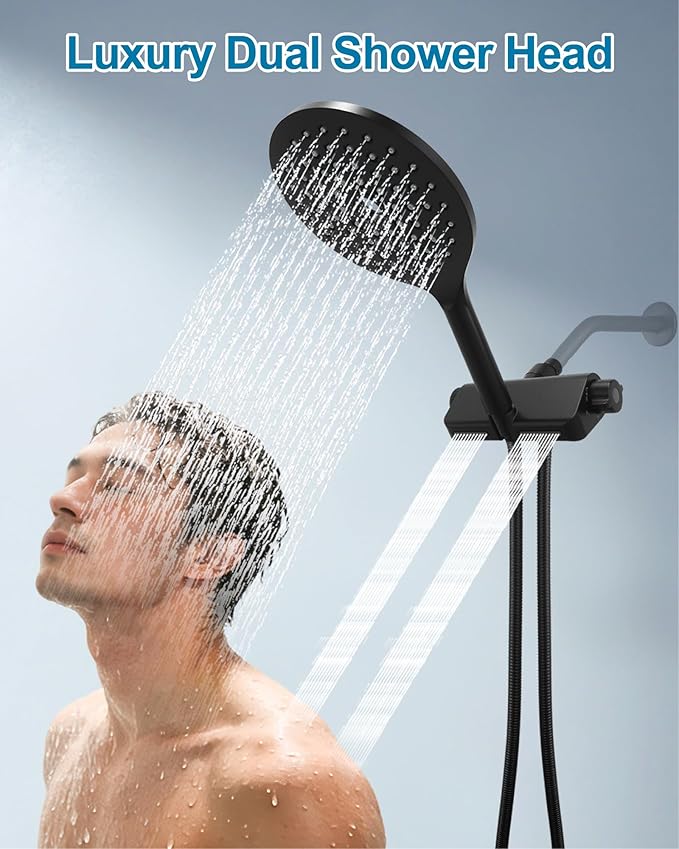 Handheld Shower Head with Filter High Pressure 2-in-1 Dual Spa System 7.5" Rainfall Filtered Showerhead Water Softener Filters for Hard Water 59" Stainless Steel Hose Matte Black