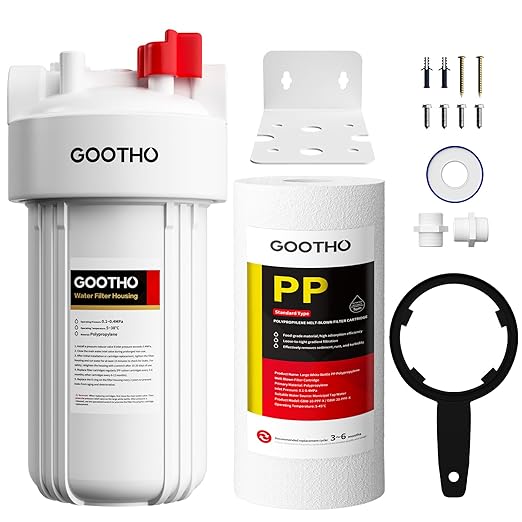 Whole House Water Filter Housing equiped with 10"x4.5" PP Sediment Filters for Well and City Water, Pre-Filtration System for Home, 1" NPT Port, (Housing + PP Filter Combo)