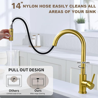 Tohlar Gold Kitchen Faucet with Pull Down Sprayer, Gold Kitchen Sink Faucet for 1 or 3 Hole, Modern Stainless Steel Sink Faucet with Deck Plate for Farmhouse Laundry Rv, Brushed Gold