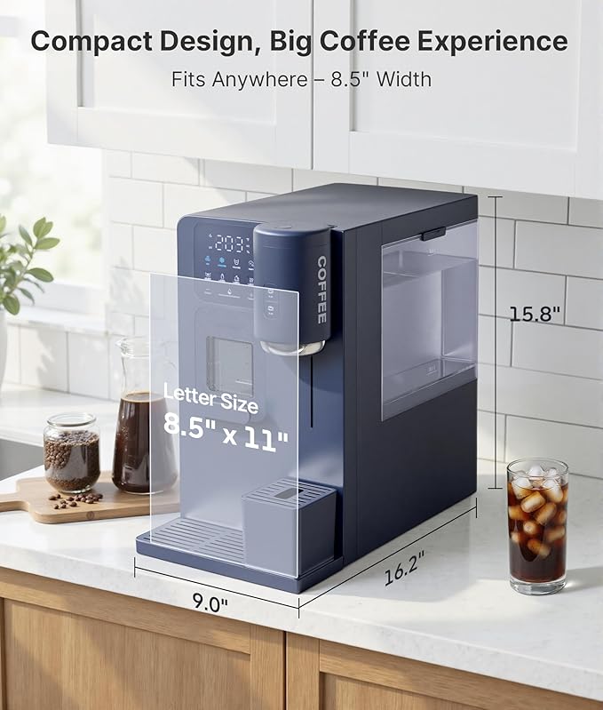 3-in-1 Water Dispenser with Ice Maker - Hot/Cold/Warm Water, Adjustable Water Volume, Countertop, Compact Coffee Brewer for Home & Office, Deep Navy