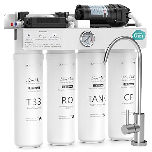 SimPure T2-600T Reverse Osmosis Water Filter System, Clear Water Near 0 TDS, NSF/ANSI 58 Certified, Built-in Pressure Tank Filter, UV, 600 GPD 8 Stage RO Filtration 2:1 Pure to Drain Ratio