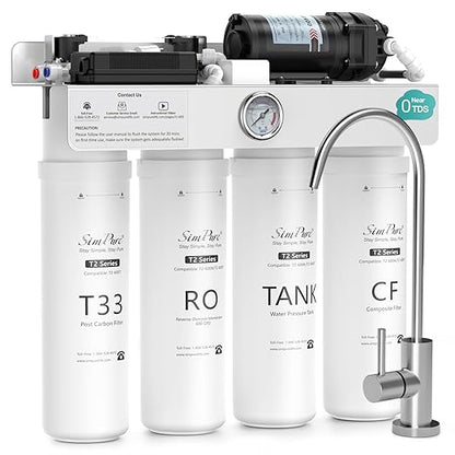 SimPure T2-600T Reverse Osmosis Water Filter System, Clear Water Near 0 TDS, NSF/ANSI 58 Certified, Built-in Pressure Tank Filter, UV, 600 GPD 8 Stage RO Filtration 2:1 Pure to Drain Ratio