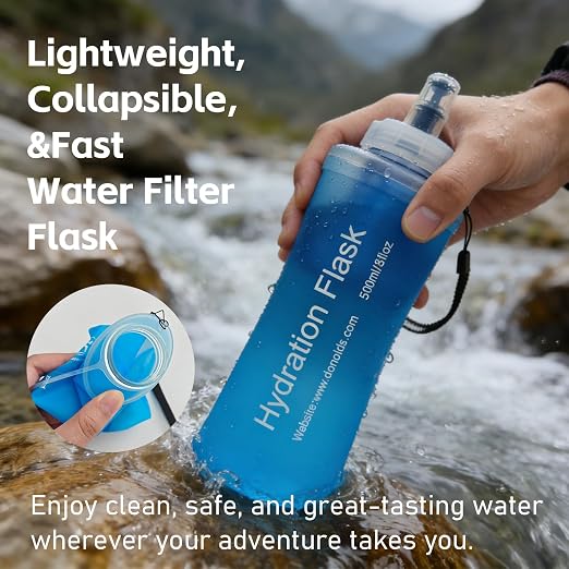 AXEN Collapsible Water Bottle with Filter System, Soft Hydration Flask for Trail Running, Camping, Hiking, Cycling, 1L Blue