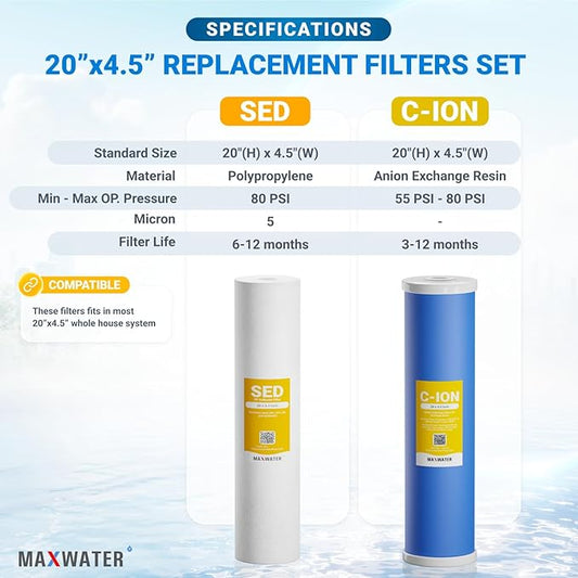 Max Water 20" x 4.5" BB Hard Water Replacement Filter Set - 20" Sediment + Cation Resin Cartridge for Hard Water Treatment & Sediment Removal | Fits Standard Whole House Water Filter Systems