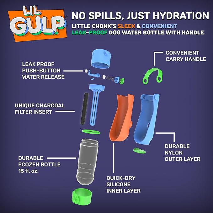 Lil Gulp Dog Water Bottle 15 Fl oz Portable Travel Bottle (Power Punch) | Advanced Carbon Filtration for Safe Filtered Water on the Go, BPA-Free, Leak-Proof, Retractable Spout, Walks, Hiking, Camping