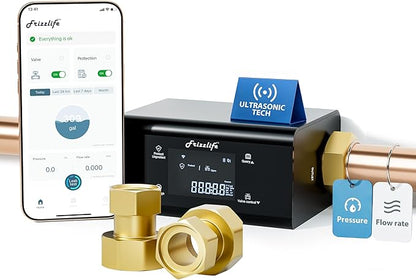 Frizzlife LP365-P Smart Water Monitor and Automatic Shutoff - 0.01 GPM Ultrasonic Micro Leak Detection, Wi-Fi / APP Control, Pressure+Flow Monitoring, 24/7 Water Usage Reports, Fits 1.25" and 1"
