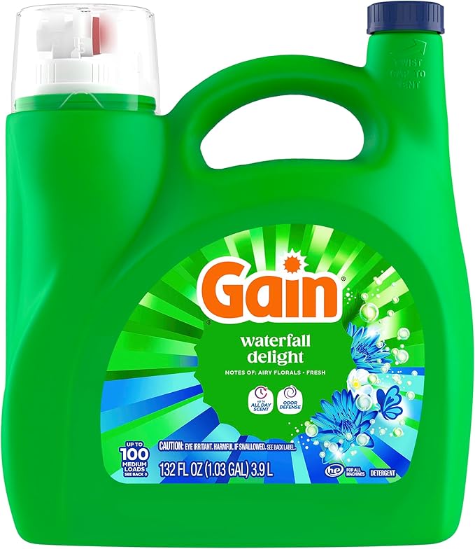 Gain Liquid Laundry Detergent, Now with Odor Defense, Waterfall Delight Scent, 132 fl oz, 100 Loads (Packaging May Vary)