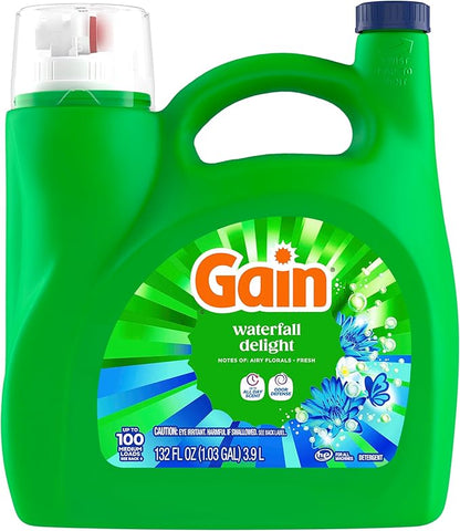 Gain Liquid Laundry Detergent, Now with Odor Defense, Waterfall Delight Scent, 132 fl oz, 100 Loads (Packaging May Vary)