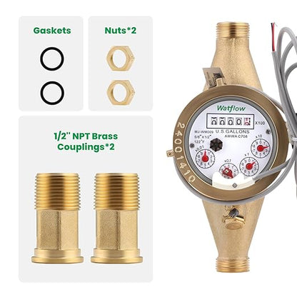Watflow DN15 Water Meter 1/2" NPT,AWWA 708 Certification Gallon Water Flow Meter with Pulse Output, Cold Water Meter for Garden/Home/Apartment, Horizontal Install.