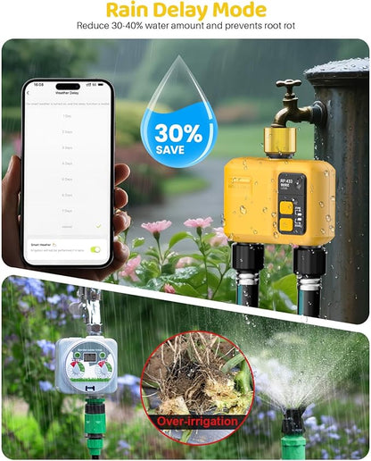 WiFi Water Timer 2 Zone for Garden Hose, Smart Sprinkler Timer with 984ft RF Range, Brass Inlet, APP/Voice Control, Rain Delay, Automatic/Manual Irrigation