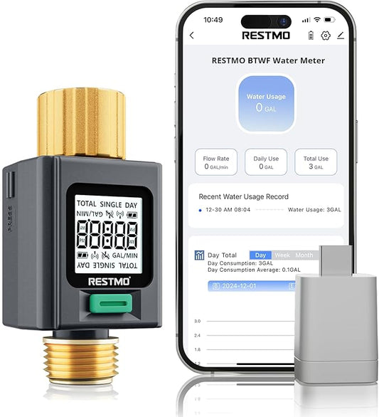 RESTMO Smart Water Flow Meter with Screen Backlight, 2.4GHz WiFi Connection | Brass Inlet & Outlet, Measuring Gallon/Liter Consumption & Flow Rate for Garden Watering, RV Filling, Sprinklers & Nozzle