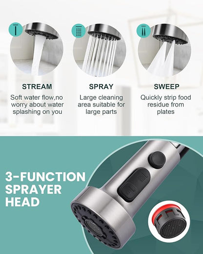 Kitchen Faucets with Pull Down Sprayer: Brushed Nickel 3-Function Kitchen Sink Faucets for 1 or 3 Hole - Stainless Steel Single Handle Spring Kitchen Faucets with Deck Plate for Farmhouse RV Laundry