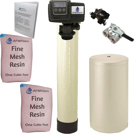 AFWFilters 2 cubic Foot (64k) Whole Home Iron Pro Water Softener with Fine Mesh Resin, 3/4" Stainless Steel FNPT Connection, and Almond Tanks