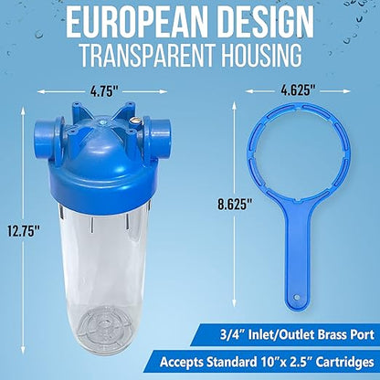 10 Inches European Design Transparent Standard Whole House Water Filter System with Presser Relief Valve, 3/4” Inlet/Outlet Brass Port and Yearly Supply (3) Block Activated Carbon Cartridges 5 Micron
