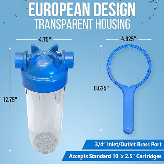 10 Inches European Design Transparent Standard Whole House Water Filter System with Presser Relief Valve, 3/4” Inlet/Outlet Brass Port and Yearly Supply (4) Pleated Sediment Cartridges 5 Micron