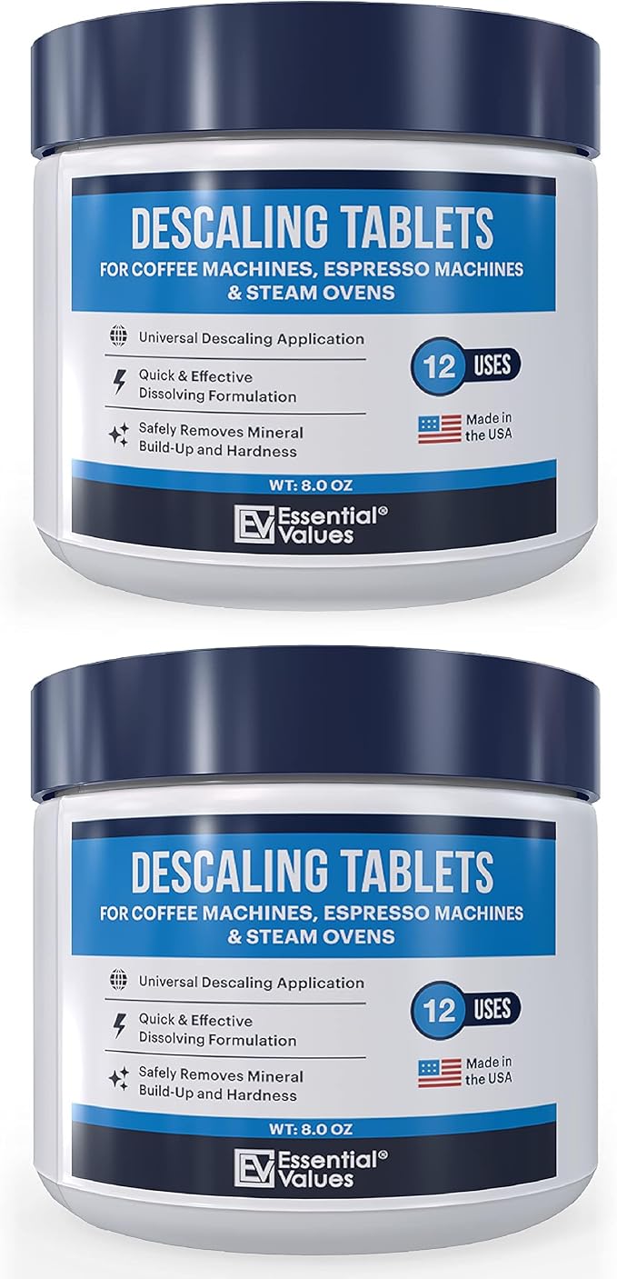 Essential Values Descaling Tablets, Coffee Maker Cleaner Compatible with Keurig Coffee Machines, Breville, Delonghi, Jura, Miele, Bosch, Tassimo Espresso Machines and Miele Steam Ovens (Pack of 24)