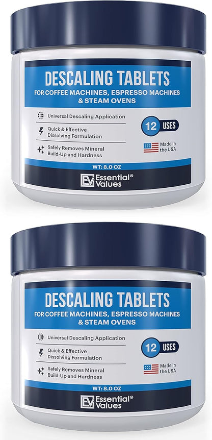 Essential Values Descaling Tablets, Coffee Maker Cleaner Compatible with Keurig Coffee Machines, Breville, Delonghi, Jura, Miele, Bosch, Tassimo Espresso Machines and Miele Steam Ovens (Pack of 24)