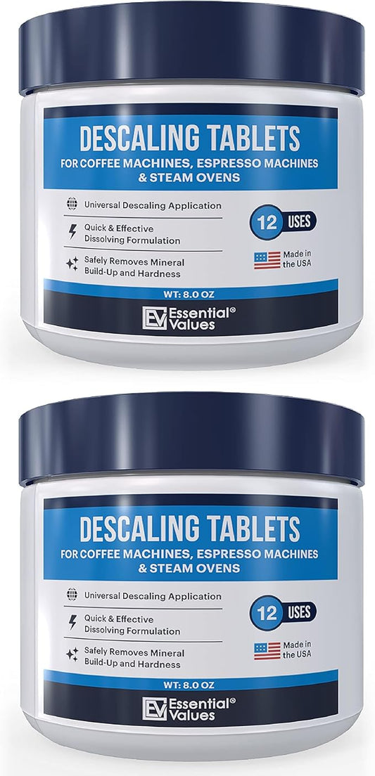 Essential Values Descaling Tablets, Coffee Maker Cleaner Compatible with Keurig Coffee Machines, Breville, Delonghi, Jura, Miele, Bosch, Tassimo Espresso Machines and Miele Steam Ovens (Pack of 24)