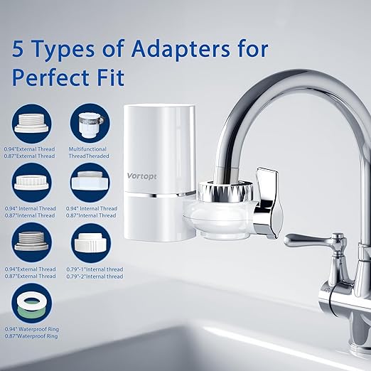 Vortopt Advanced Sink Faucet Filter,NSF Certified Faucet Installation System,400 Gallon Capacity,Can Reduce 99% Chlorine and Odors,with 1 Water Filter（T1-White）