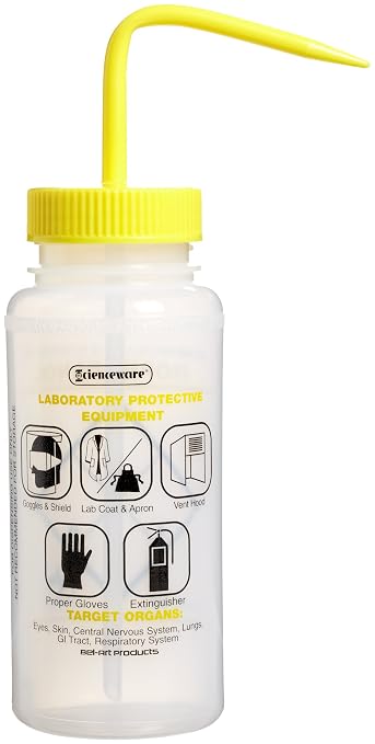 SP Bel-Art Safety-Labeled 2-Color Isopropanol Wide-Mouth Wash Bottles; 500ml (16oz), Polyethylene w/Yellow Polypropylene Cap (Pack of 6)