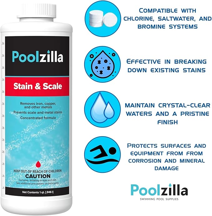 Poolzilla 1 Quart Bottle of Stain & Scale, Removes Iron, Copper & Other Metals, Prevents Staining