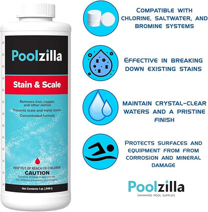 Poolzilla 1 Quart Bottle of Stain & Scale, Removes Iron, Copper & Other Metals, Prevents Staining