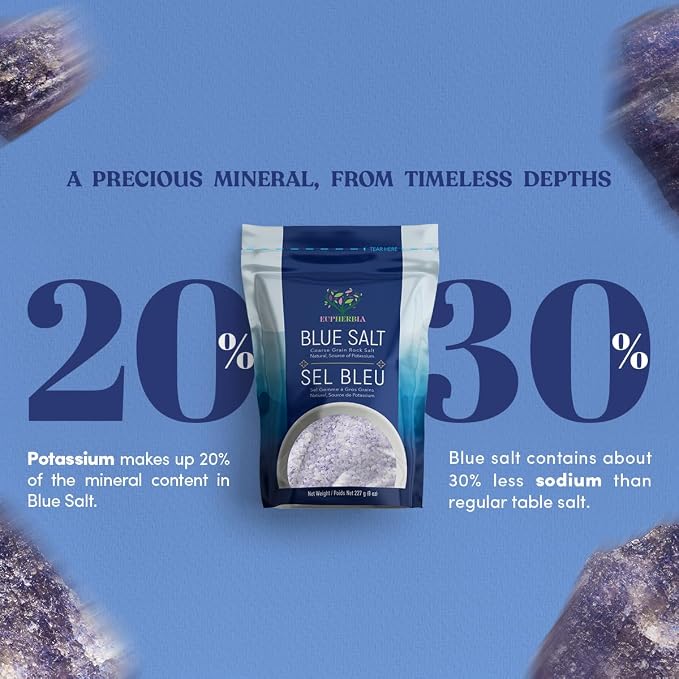 EUPHERBIA Blue Salt, Fine Grind, Rare Mineral Salt, High Potassium, Lower Sodium, Natural, Unprocessed, Hand Harvested, Kosher Certified (227g Fine Grind)