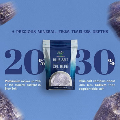 EUPHERBIA Blue Salt, Fine Grind, Rare Mineral Salt, High Potassium, Lower Sodium, Natural, Unprocessed, Hand Harvested, Kosher Certified (227g Fine Grind)