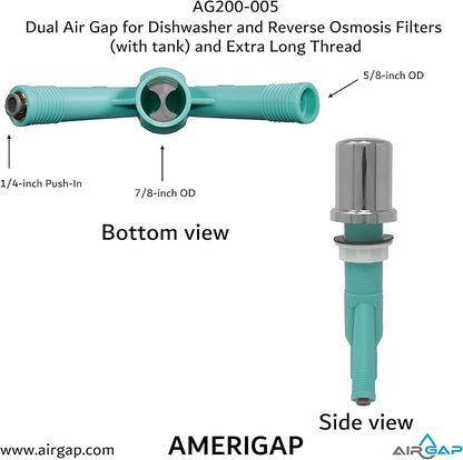 Dual Air Gap for Dishwasher and Reverse Osmosis Filters (with tank) and Extra Long Thread (AG200-005, AG200-002, T52 RO KIT, AMERIGAP)