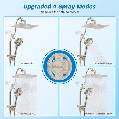 Hibbent cUPC Certified All Metal 12" Rainfall Showerhead Combo, High Pressure Shower Head with 10-Sprays Handheld, Innovative 4-way Diverter with Pause Mode, 71'' Shower Hose & Holder, Brushed Nickel