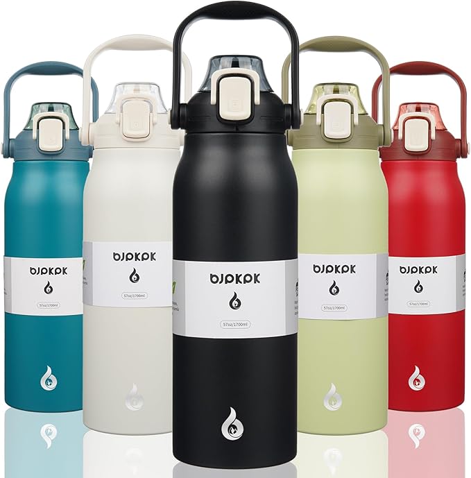 BJPKPK Insulated Water Bottles with Straw, 57 oz Sports Water Bottle with One-handed Opening Lid, BPA Free Leakproof Easy Carry Jugs, Flasks for Gym Sports Outdoors, Black