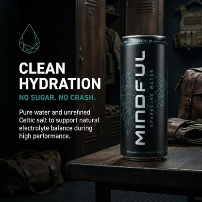 Mindful Sparkling Water by Shawn Ryan, Carbonated Water and Celtic Salt, Sugar Free Beverage with Natural Electrolytes, Zero Calories, Clean Hydration, No Sweeteners, Unflavored, 12 FL OZ (12 Pack)