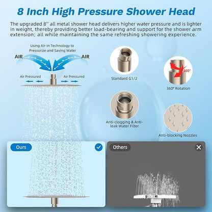 Hibbent cUPC Certified All Metal 8" Rainfall Showerhead Combo, High Pressure Shower Head with 10-Spray Handheld, Innovative 4-way Diverter with Pause Mode, 71'' Shower Hose & Holder, Brushed Nickel