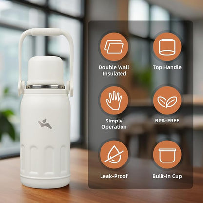 Konokyo Insulated Water Bottle with Handle and Strap,Vacuum Travel Tumbler with Cup Lid,Thermo Coffee Cup for Hot Cold Drinks 27 OZ,Beige