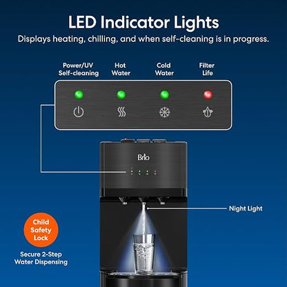 Brio Bottleless Water Cooler Dispenser w/ 4-Stage Filters (Included) removes PFAS & Microplastics for Clean Drinking Water, NSF Certified | 3 Temp (Hot, Room, Cold) w/Child Safety Lock & LED Display
