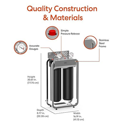 Brio Whole House Water Filter System w/Gauges | 2 Stage Fast-Flow Filtration (Phosphate Anti-Scale, CTO Carbon Block) 4.5" x 20" Filters | Improves Taste, Protects Home Appliances & Shower | 900 GPH