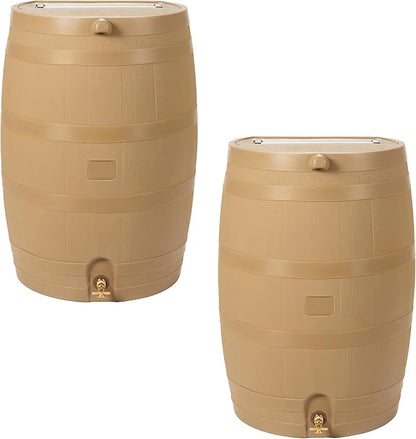RTS Home Accents 50-Gallon Rain Barrel, Flat Back Rain Water Collection Barrel, Link Kit Included, Oak Color (2 Pack)