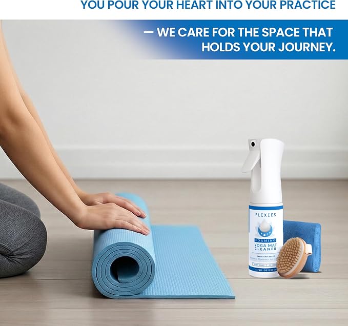 Flexies Foaming Yoga Mat Cleaner Spray Kit, Plant Based Non Toxic Mat Cleaner with Brush and Microfiber Cloth, Yoga Essentials for Women and Men, Pilates Mat Care, Fragrance Free