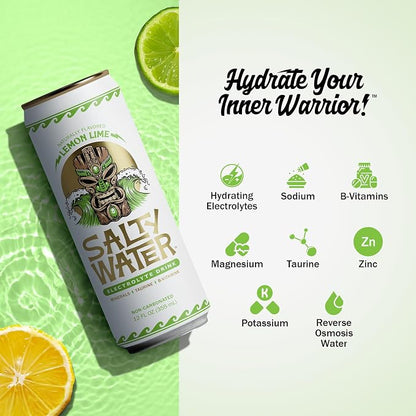 SaltyWater Electrolyte Drink, Lemon Lime – Zero Sugar Premium Hydration Drink, 10 Calories, Minerals, Taurine, B-Vitamins, Non-Carbonated - Zero Caffeine Electrolyte Sports Drink - Gluten Free - 12 Pack (12 oz)