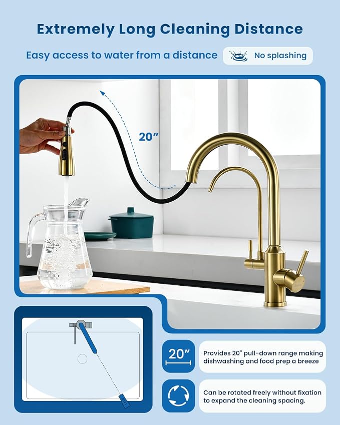 DAYONE Gold Kitchen Faucet with Drinking Purfied Water Faucet, High Arc 3 in 1 Sink Tap Stainless Steel 1 Holes, Two-Handle 3-Way Pull Down Sprayer, (Without System)