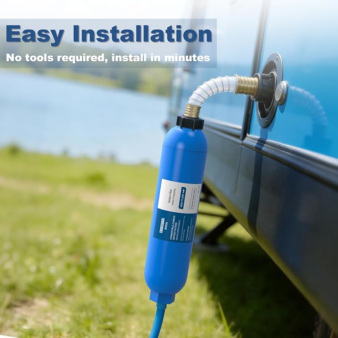 RV Water Filter with 2 Flexible Hose Protector, NSF Certified, 4 Pack Inline Water Filter Reduces Chlorine, Bad Taste, Odor, Sediment, RV Accessories for Campers, Marine, Garden Hose, Boat
